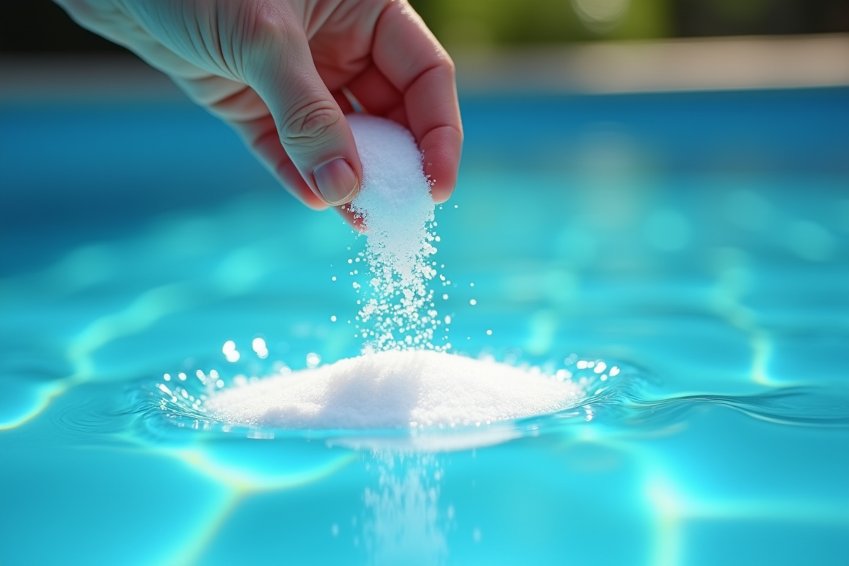 Main saupoudrant du sel dans l'eau de piscine bleue