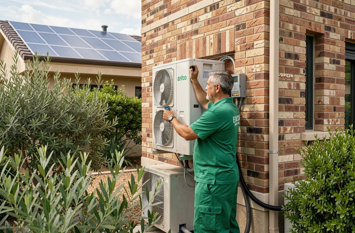 Technicien Ecol'eau Création installant une pompe à chaleur réversible sur une maison écologique des Alpes-Maritimes