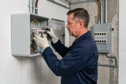 Électricien inspectant un contacteur jour nuit dans un tableau électrique résidentiel ouvert