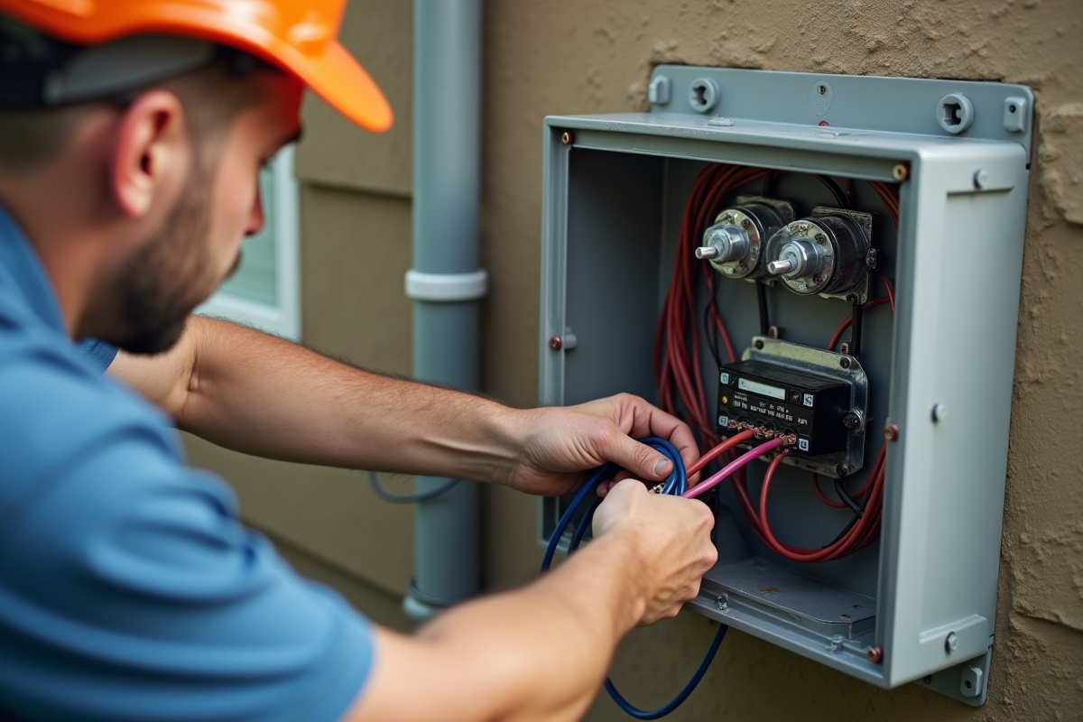 Main d'electricien installant fils électriques dans une boîte de contrôle de piscine