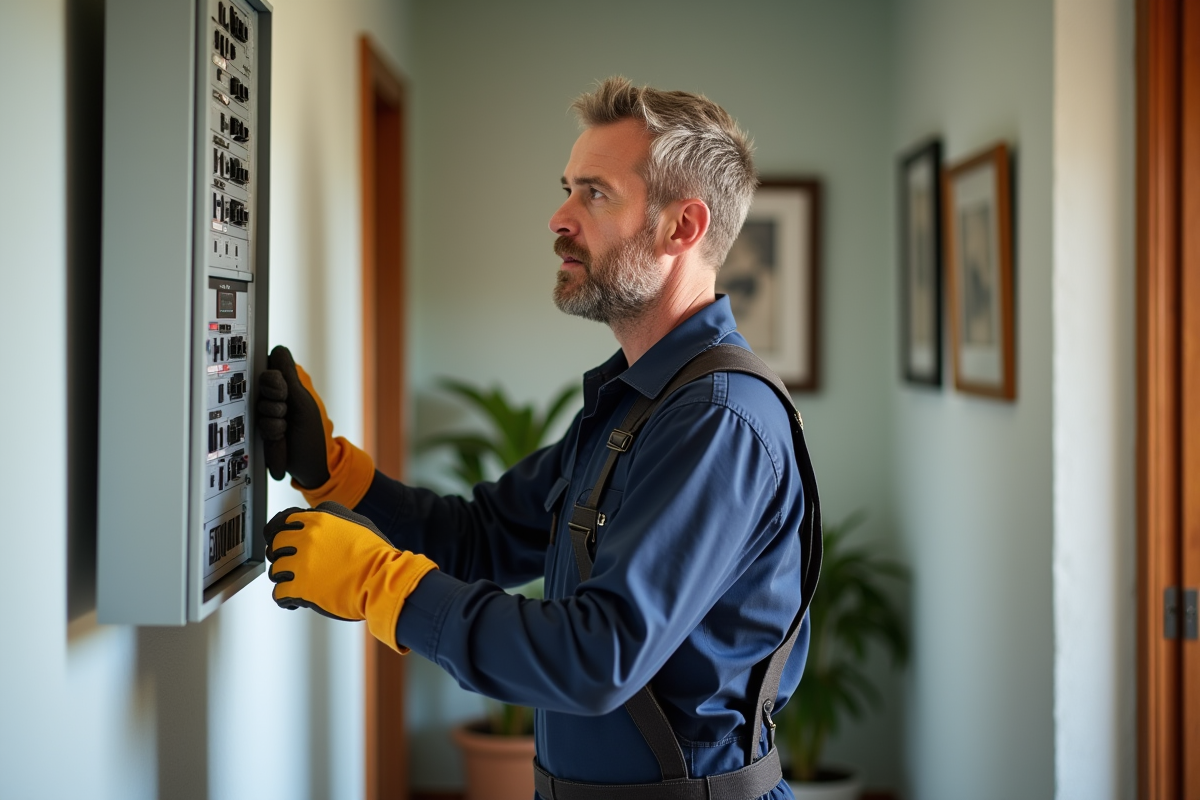 Électricien homme en overalls examine un disjoncteur dans un couloir