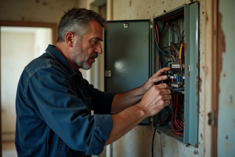 Électricien homme en tenue bleue examine un panneau électrique ancien