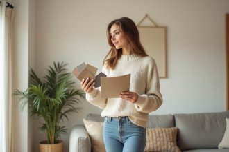 Femme tenant des échantillons de couleur dans un salon chaleureux