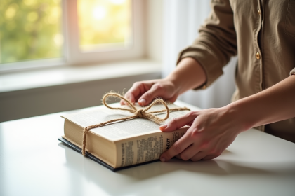 Main enveloppant un livre avec journal recyclé et ficelle