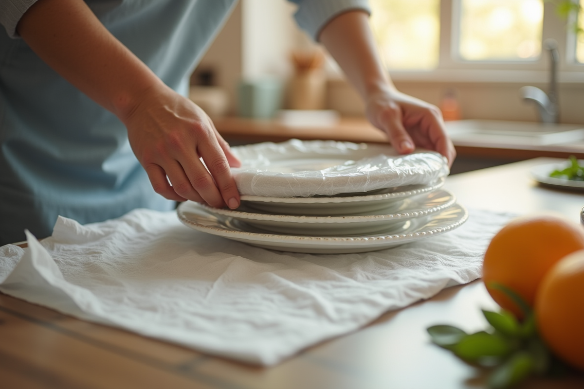 Mains emballant délicatement la vaisselle dans la cuisine ensoleillée