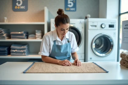 Employée d'une boutique 5 à sec examinant un tapis sur le comptoir avant d'établir un tarif de nettoyage