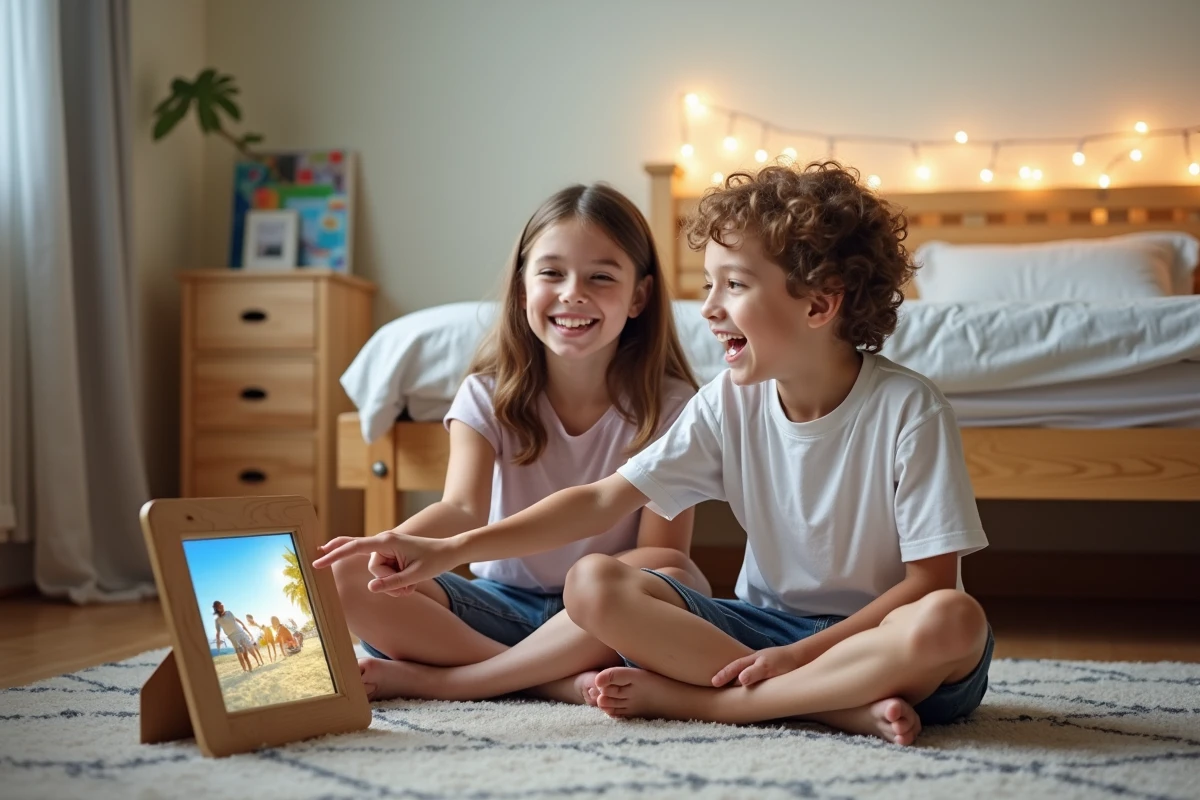 Deux enfants assis par terre dans une chambre regardant un cadre photo numérique affichant des souvenirs de vacances