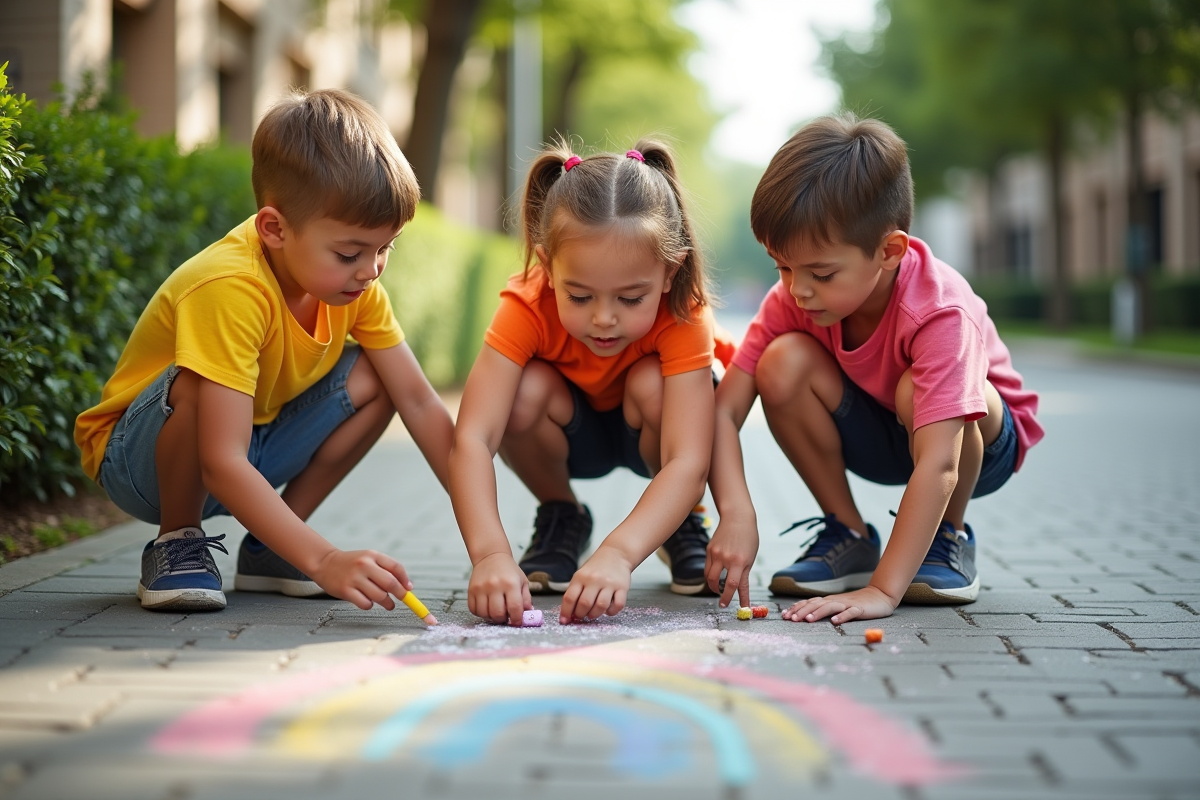 Trois enfants dessinant un arc-en-ciel avec des craies sur le trottoir