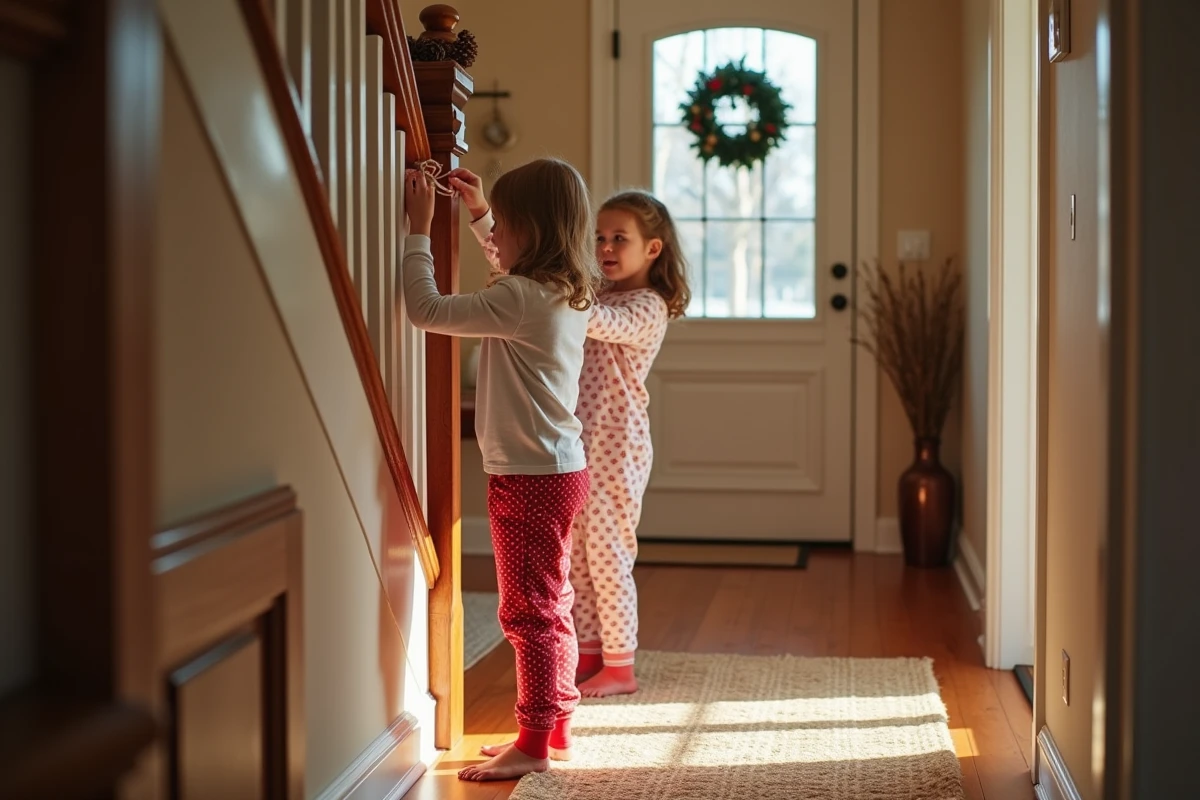 Enfants habill&eacute;s en pyjama accrochant des d&eacute;corations de No&euml;l