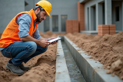 Ing&eacute;nieur en vestiaire inspectant fondations en b&eacute;ton