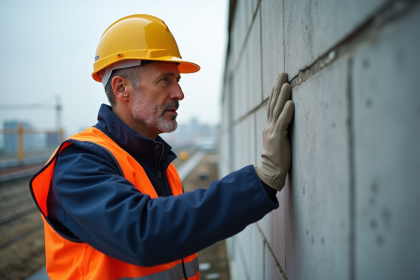Ingénieur en construction touchant un mur en béton frais