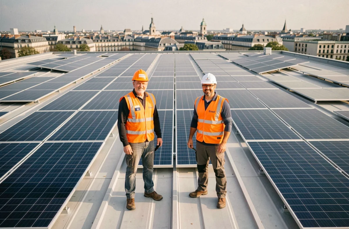 Deux installateurs Ensol sur un grand toit commercial couvert de panneaux photovoltaïques en région Auvergne-Rhône-Alpes