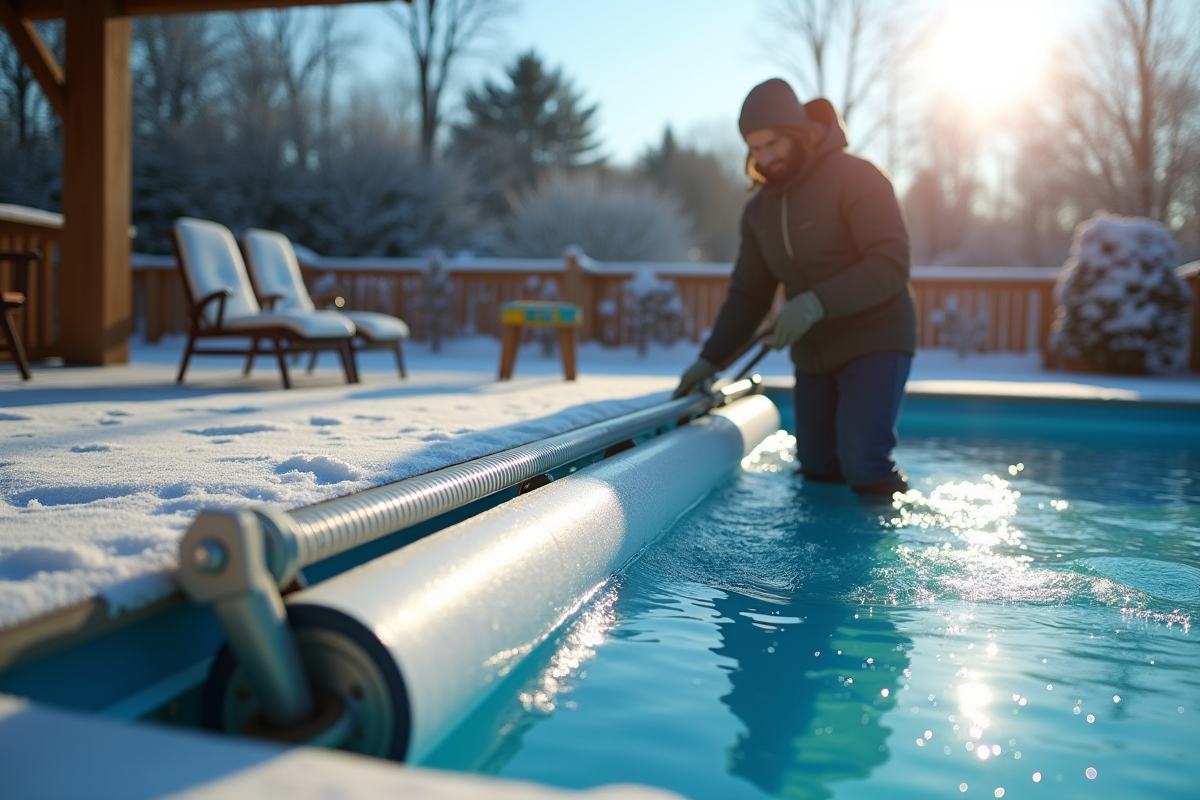 Personne en vêtements chauds effectuant entretien hivernal piscine
