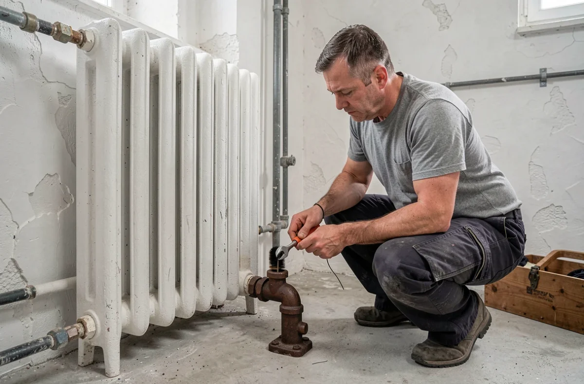 Technicien inspectant et entretenant un pied en fonte de radiateur avec des outils dans une pièce utilitaire