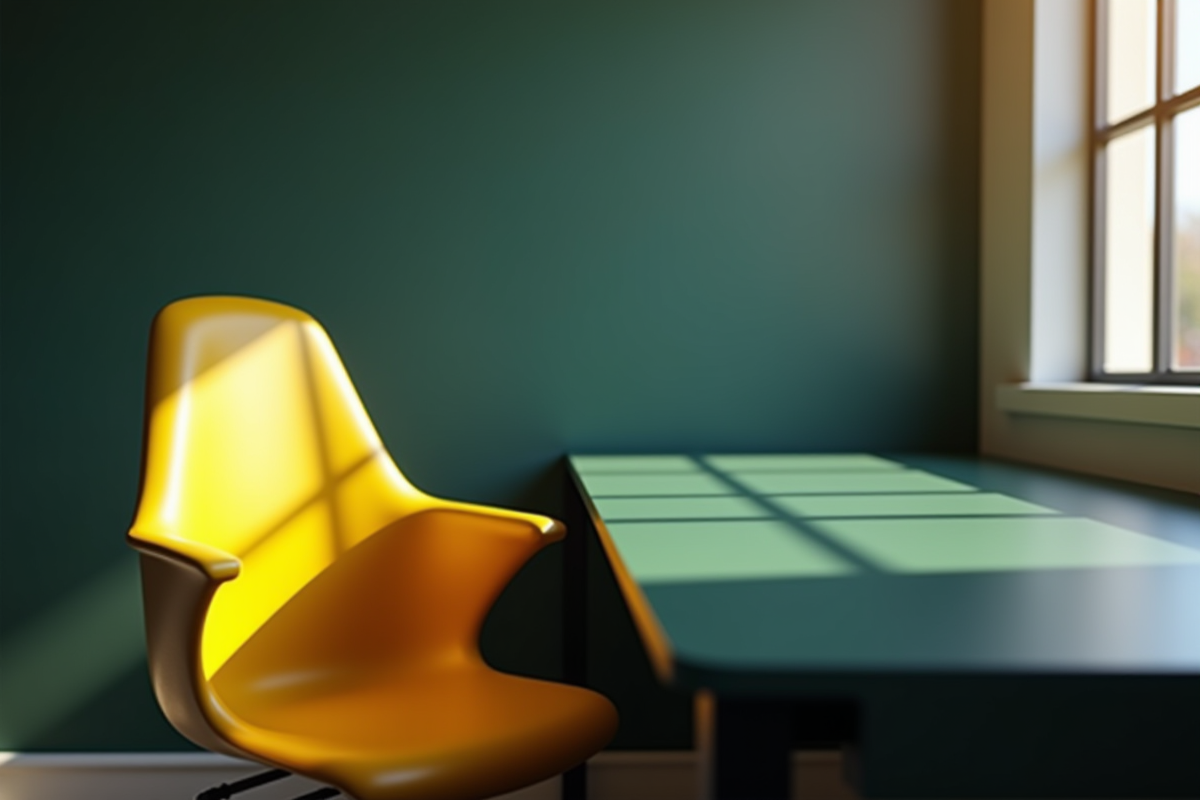 Espace de travail moderne avec chaise jaune et table verte sombre