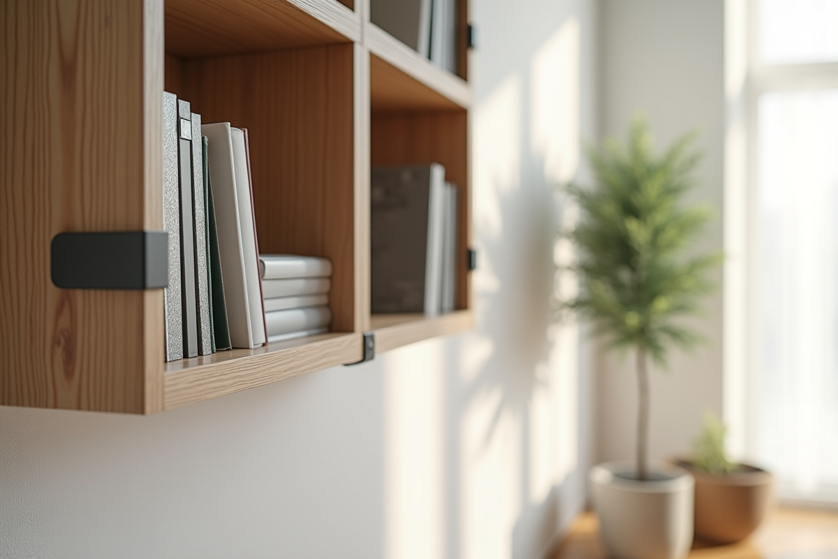 Bibliothèque moderne fixée solidement au mur blanc avec bandes adhésives