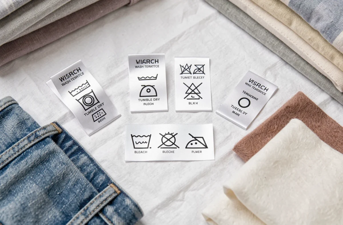 Gros plan sur des étiquettes de vêtements avec symboles de lavage machine disposées en flat lay sur fond blanc