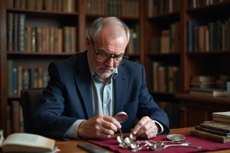 Expert en antiquités examinant des couverts en argent