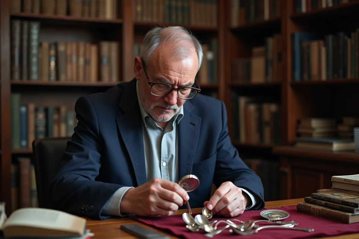 Expert en antiquités examinant des couverts en argent