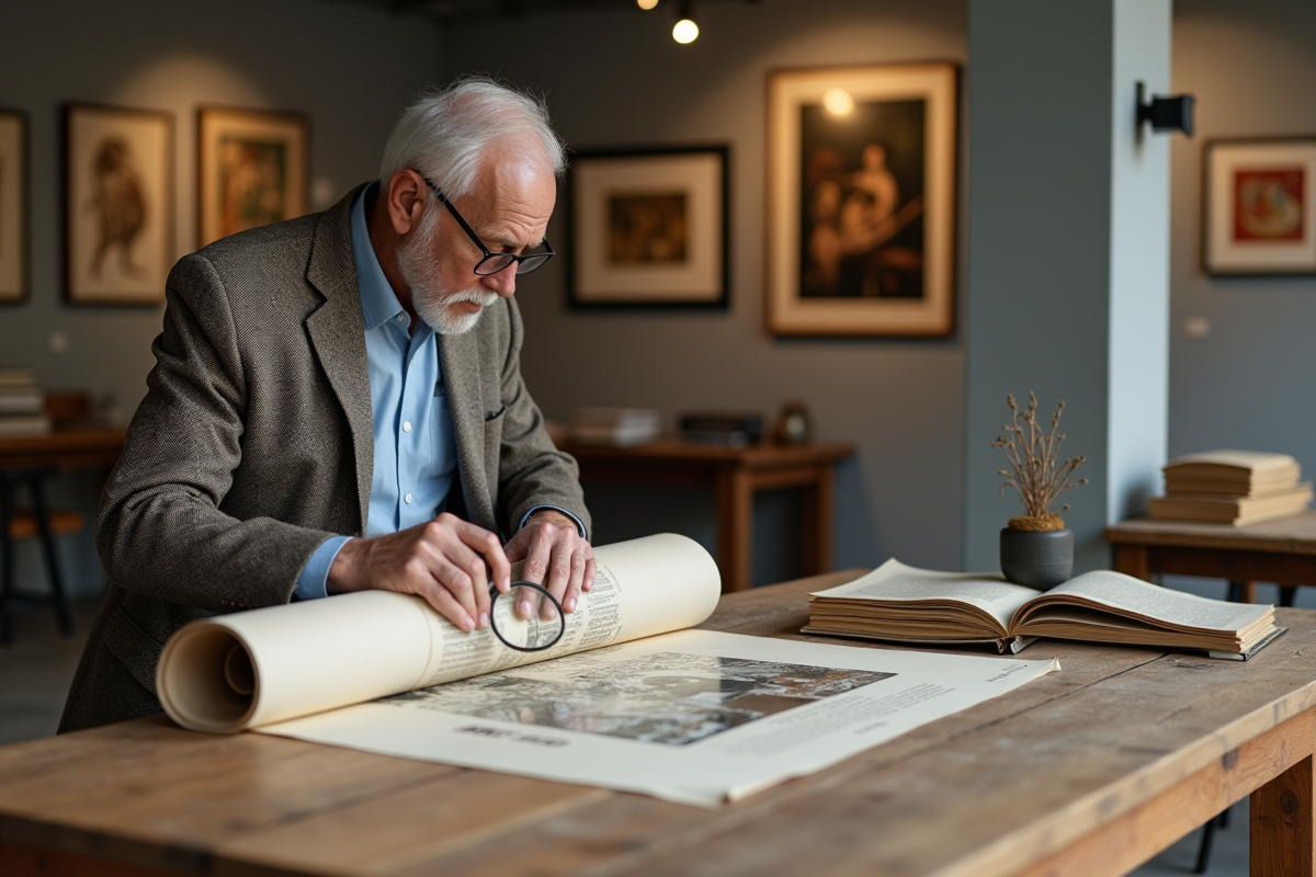Expert évaluant un poster d art dans une galerie moderne