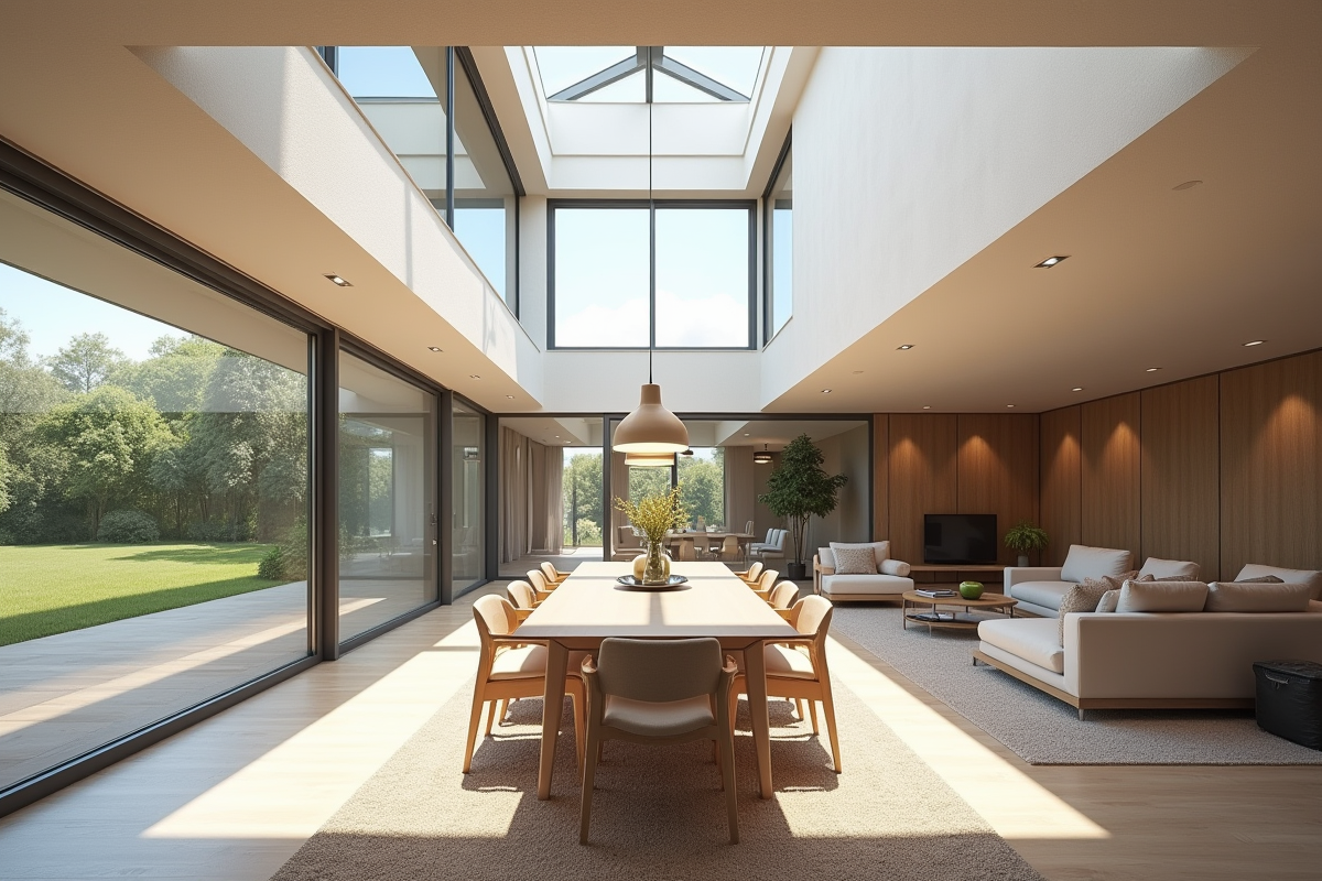 Extension de maison contemporaine avec grandes fenêtres et intérieur lumineux