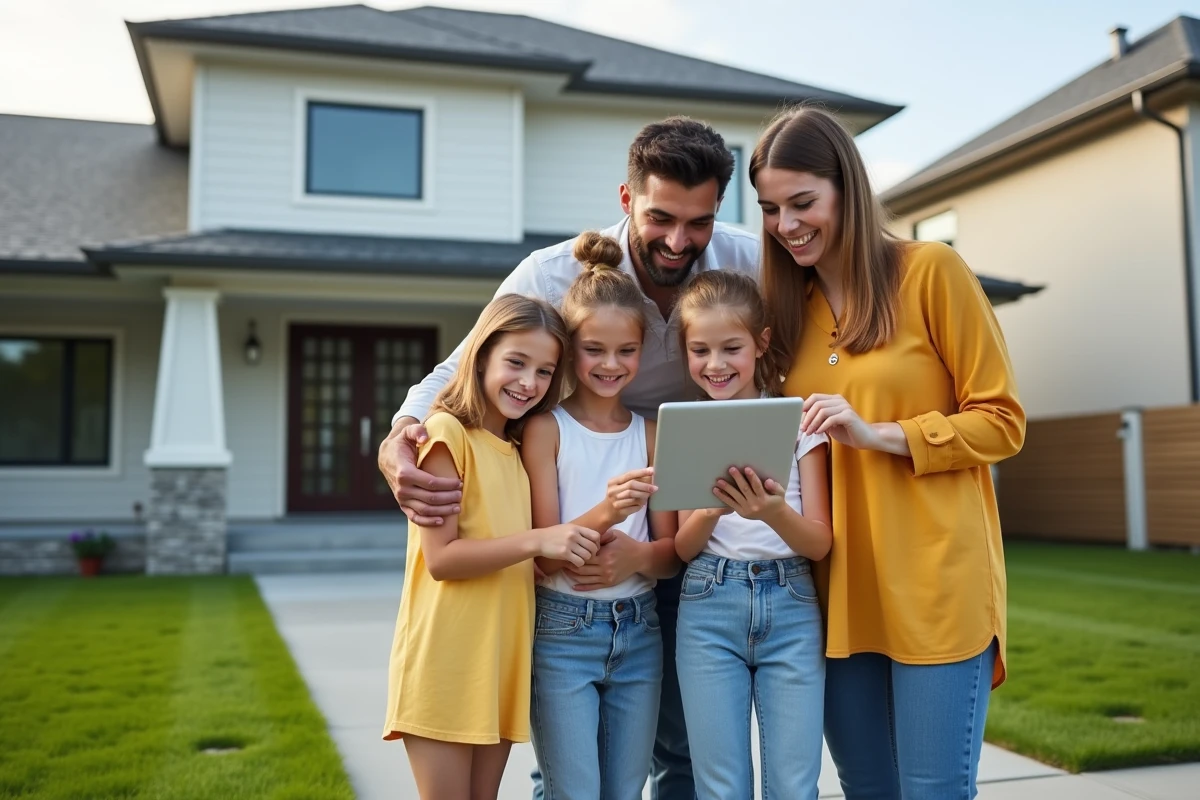 Famille recherchant une maison avec une tablette dehors