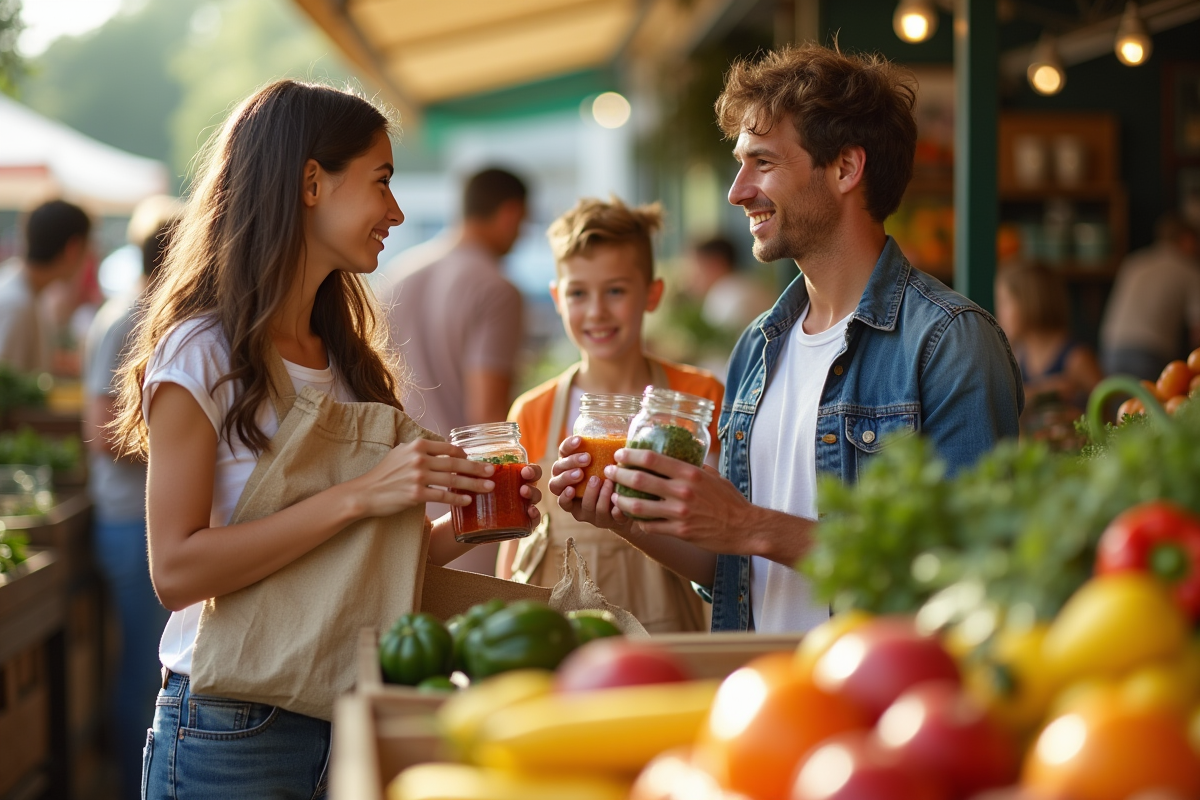 Famille achetant au marché local avec sacs réutilisables