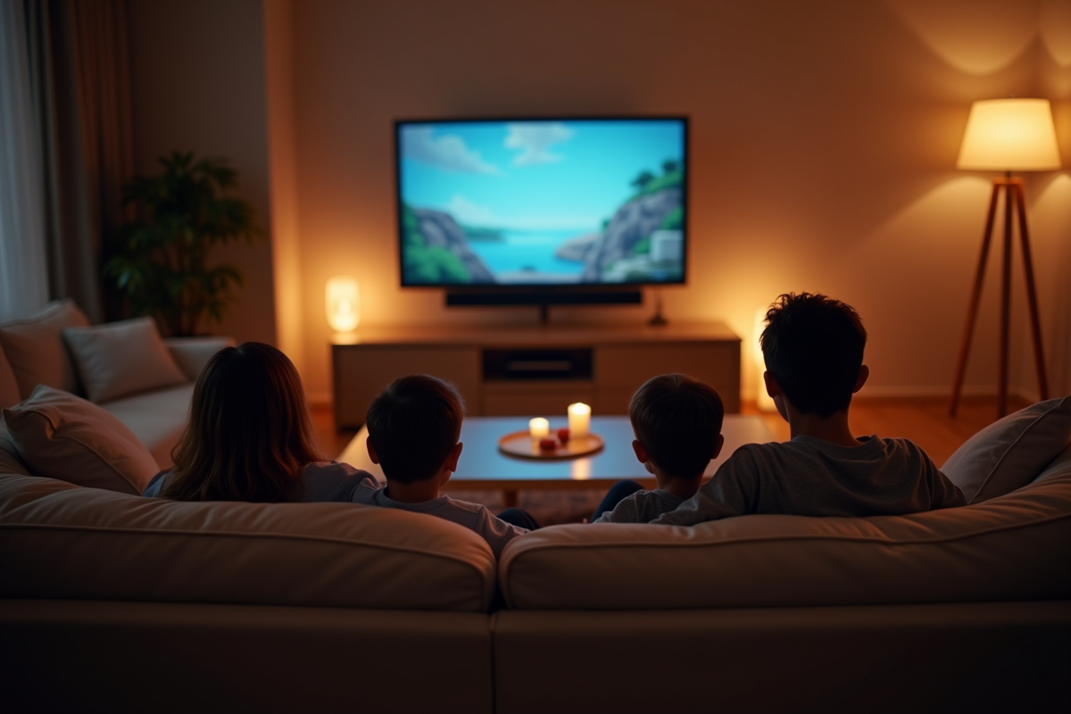 Famille assise sur un sofa avec lumière douce en soirée