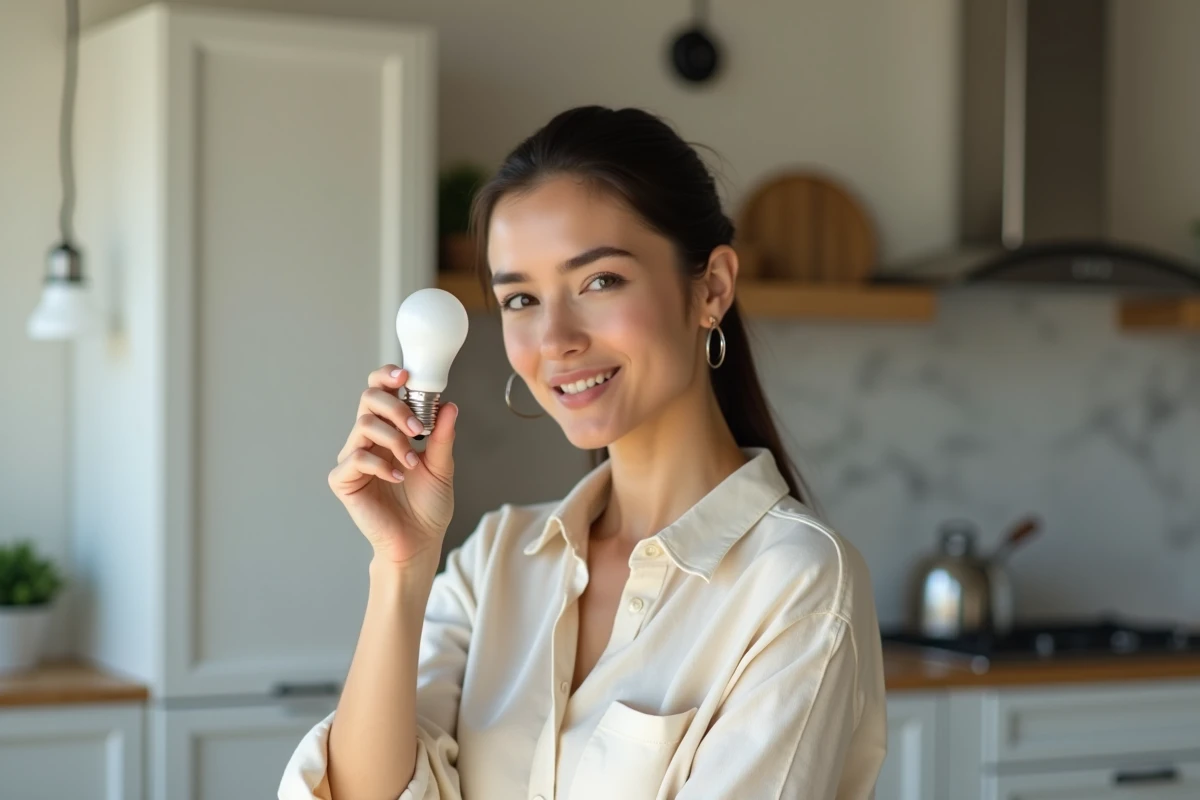 Femme examinant une petite ampoule à culot E14 dans une cuisine moderne avec pendentif lumineux visible