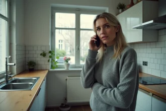 Femme appelant son assurance habitation GMF après un dégât des eaux dans sa cuisine