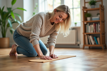 Femme appliquant de l'huile sur un parquet ensoleille