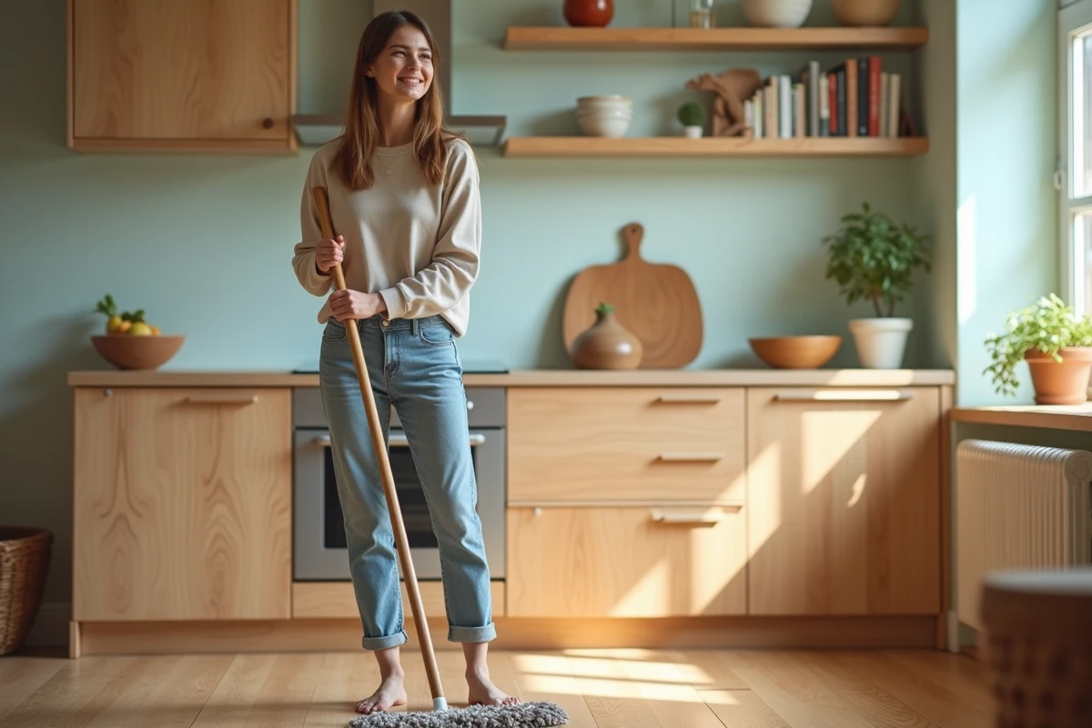 Jeune femme souriante nettoie un sol en bois avec un balai