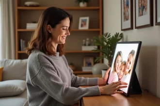Femme installant un cadre photo numérique moderne sur un meuble en bois dans un salon familial chaleureux