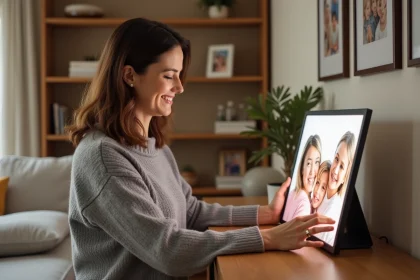 Femme installant un cadre photo numérique moderne sur un meuble en bois dans un salon familial chaleureux