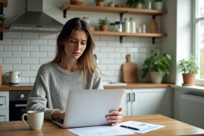Femme consultant ses factures d'électricité et calculant son budget énergie sur un ordinateur portable dans une cuisine moderne
