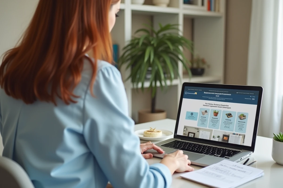 Femme consultant un site de comparaison de devis travaux sur ordinateur portable dans un bureau à domicile