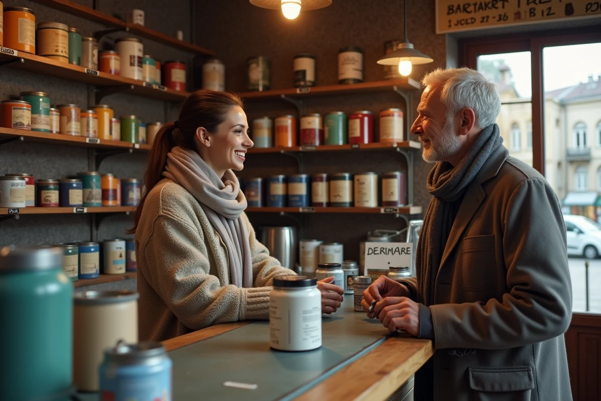 Jeune femme discutant avec un commerçant dans une boutique de peinture