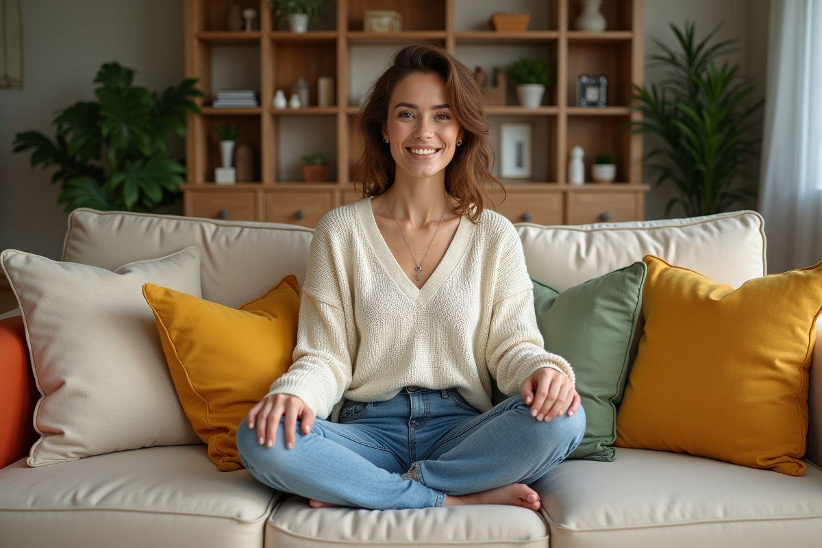 Femme assise sur un canapé avec coussins colorés dans un salon chaleureux