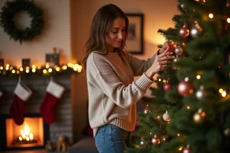 Femme décorant le sapin de Noël dans un salon chaleureux