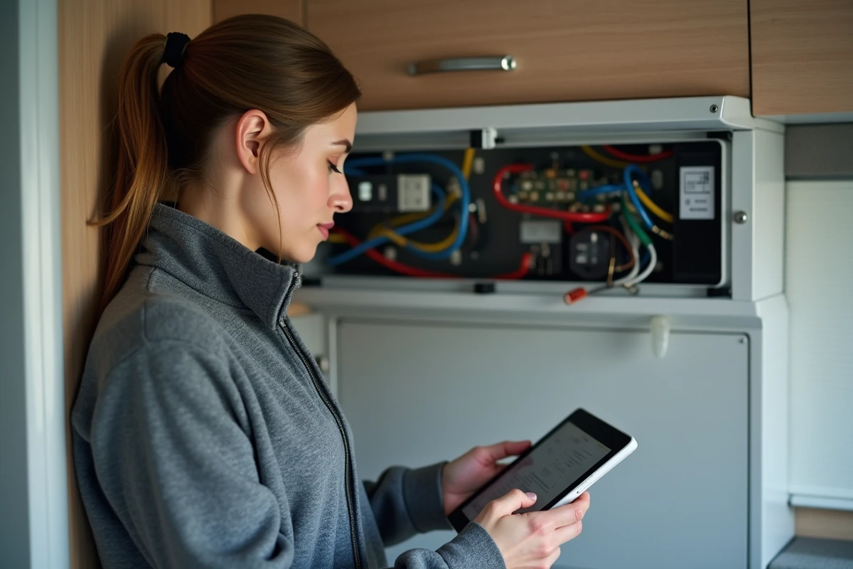 Femme utilisant une tablette pour identifier un code erreur sur un Truma Combi 4 ouvert