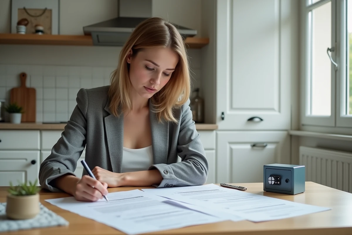 Femme consultant des documents d'assurance habitation avec un coffre clé certifié posé sur la table de cuisine