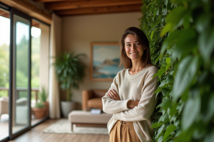 Jeune femme dans une maison écologique moderne avec mur végétal