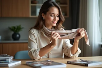 Femme élégante inspectant une écharpe en soie dans un intérieur