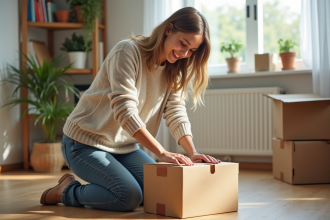 Femme emballant une caisse dans un salon lumineux