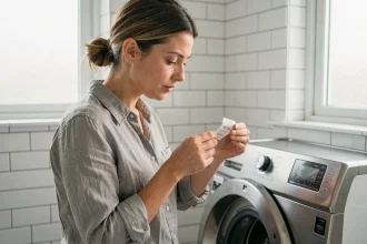 Femme examinant une étiquette de soin sur un vêtement devant une machine à laver dans une salle de bain moderne