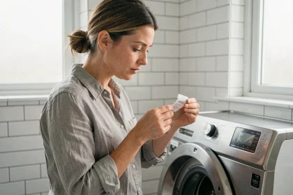 Femme examinant une étiquette de soin sur un vêtement devant une machine à laver dans une salle de bain moderne