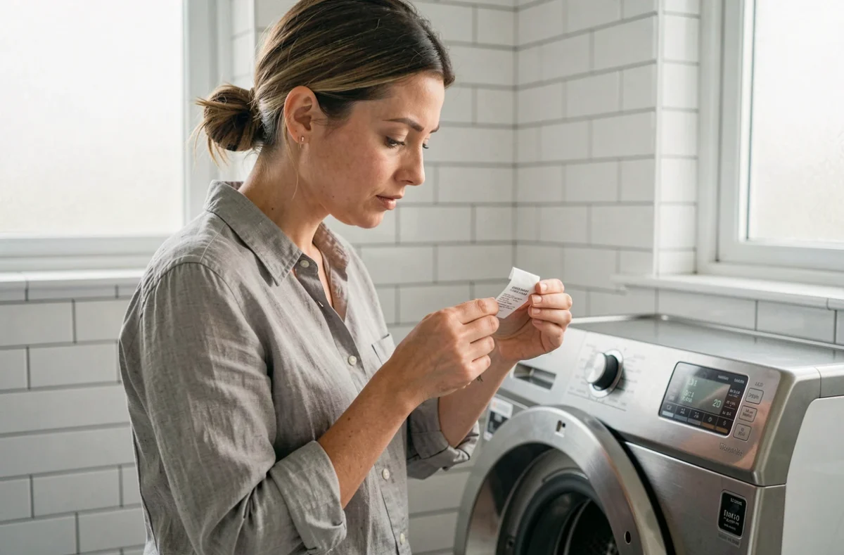 Femme examinant une étiquette de soin sur un vêtement devant une machine à laver dans une salle de bain moderne