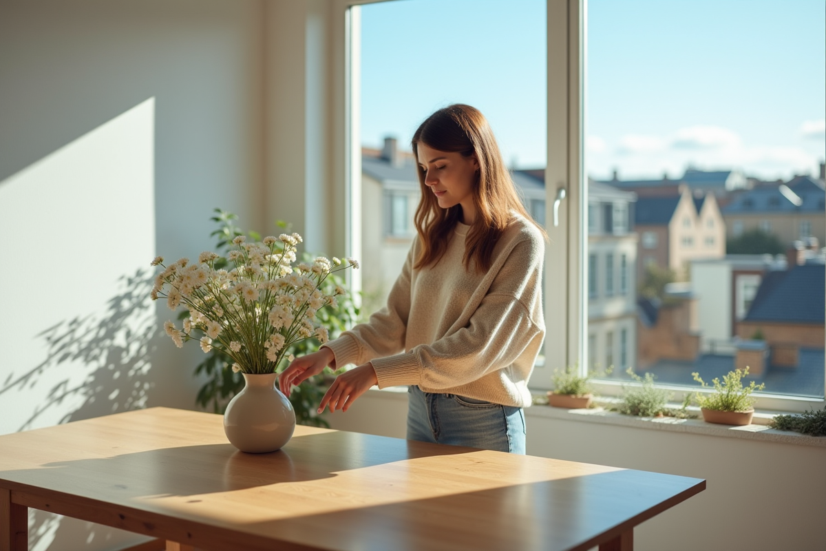 Femme arrangeant des fleurs blanches dans un intérieur moderne