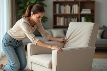 Femme ajustant une housse extensible mal ajustée sur un fauteuil beige, avec des plis visibles sur les accoudoirs dans un salon moderne