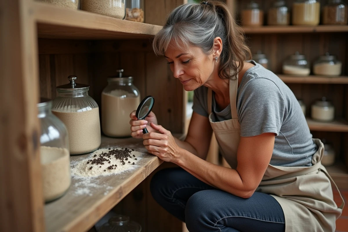 Femme inspectant une invasion de petits insectes noirs dans un garde-manger domestique